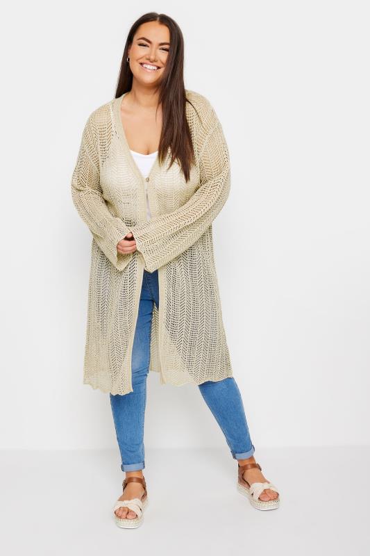 YOURS Plus Size Natural Brown Crochet Midi Cardigan | Yours Clothing 3