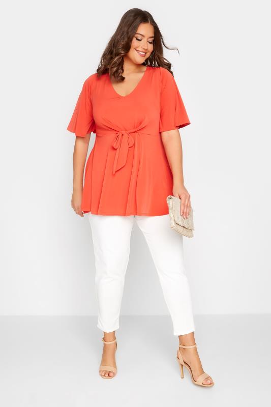 YOURS LONDON Plus Size Orange Tie Front Angel Sleeve Top | Yours Clothing 2