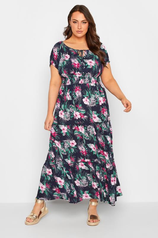 Plus Size  YOURS Curve Navy Blue Tropical Print Bardot Maxi Dress