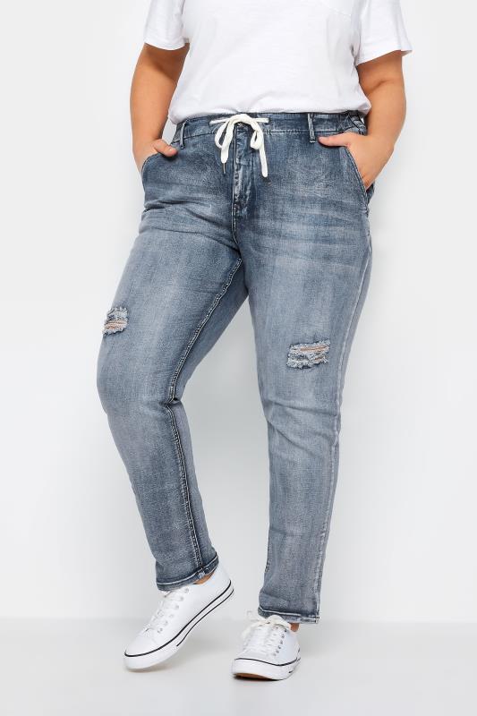 Plus Size  Avenue Blue Washed Distressed Drawstring Jeans
