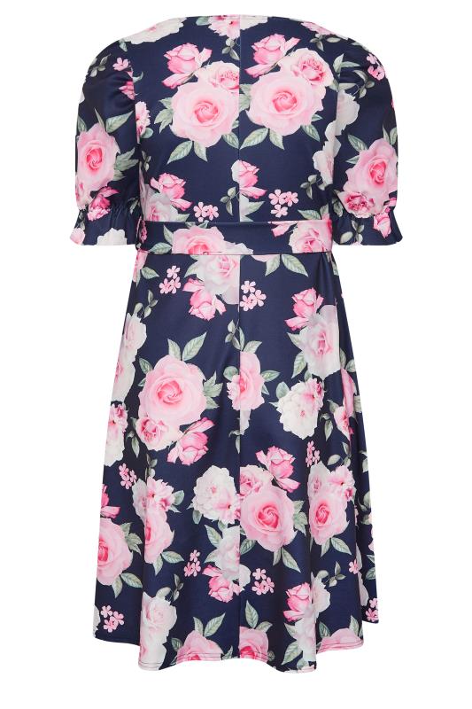 YOURS LONDON Curve Navy Blue Floral Print Puff Sleeve Dress | Yours Clothing 7
