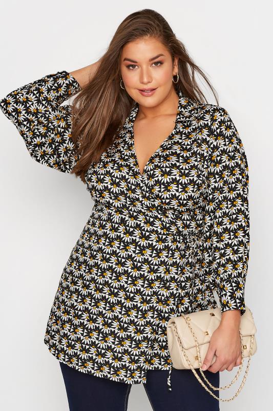 LIMITED COLLECTION Curve Black Retro Daisy Print Collar Wrap Top 1