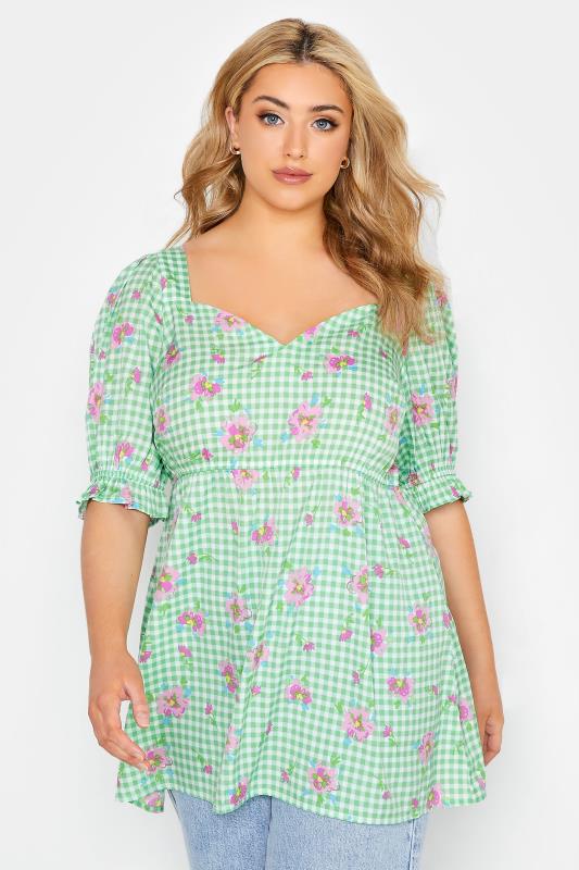 LIMITED COLLECTION Plus Size Green Gingham Floral Puff Sleeve Peplum Top | Yours Clothing 1
