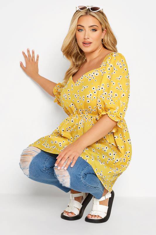 Plus Size Yellow Daisy Print Sweetheart Puff Sleeve Top | Yours Clothing 4