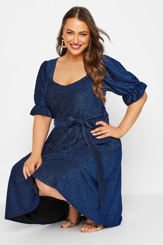 YOURS LONDON Plus Size Blue Glitter Puff Sleeve Midi Dress | Yours Clothing 4