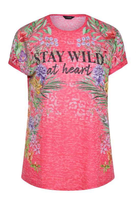 Curve Pink 'Stay Wild At Heart' Floral Printed Slogan T-Shirt 6