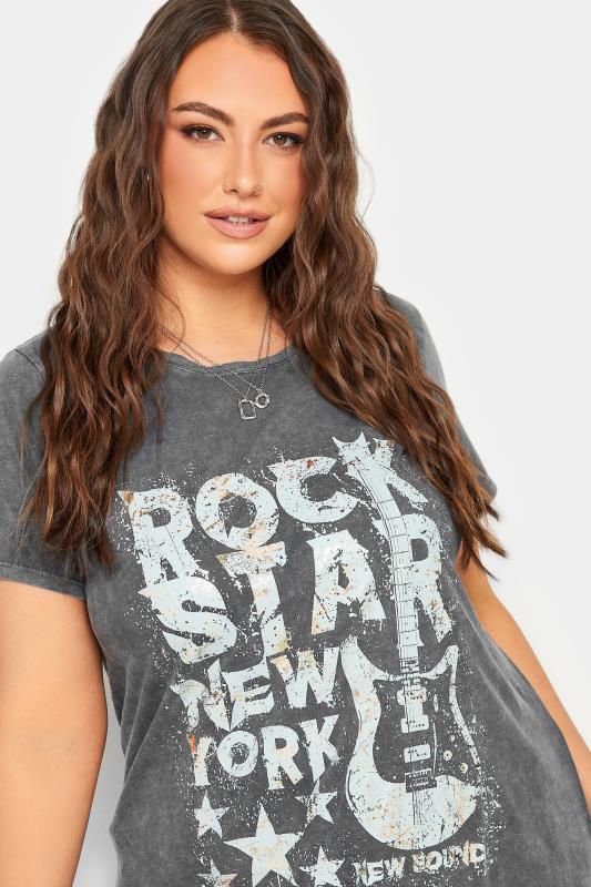YOURS Plus Size Grey Acid Wash 'Rock Star' Printed T-Shirt | Yours Clothing 4
