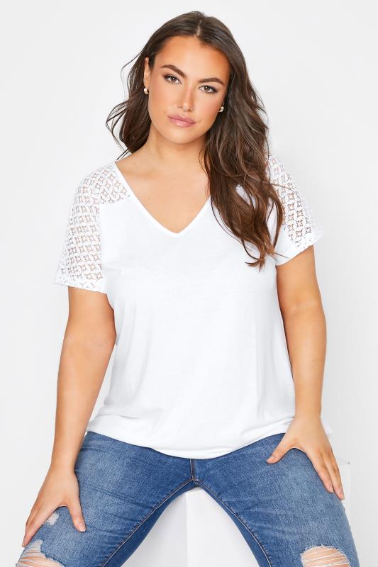 Plus Size White Lace Detail Bubble Hem T-Shirt | Yours Clothing 1
