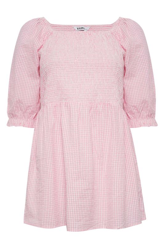 YOURS Plus Size Curve Pink Gingham Print Square Neck Shirred Top | Yours Clothing 6