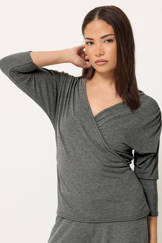 PixieGirl Petite Women's Set Grey Wrap Top & Wide Leg Trousers | PixieGirl 2
