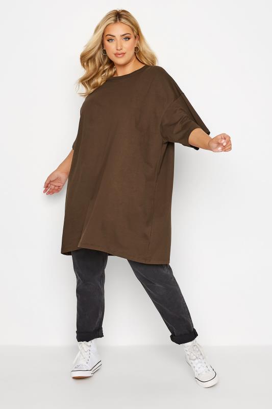 Plus Size Chocolate Brown Oversized Tunic T-Shirt Dress | Yours Clothing 1