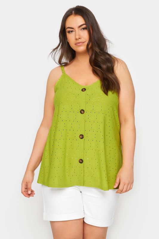 YOURS Plus Size Green Broderie Anglaise Button Front Cami Top | Yours Clothing 1