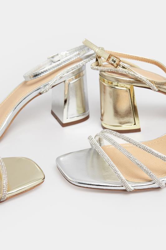 PixieGirl Silver Diamante Strap Mid Block Heel Sandals In Standard Fit | PixieGirl 6