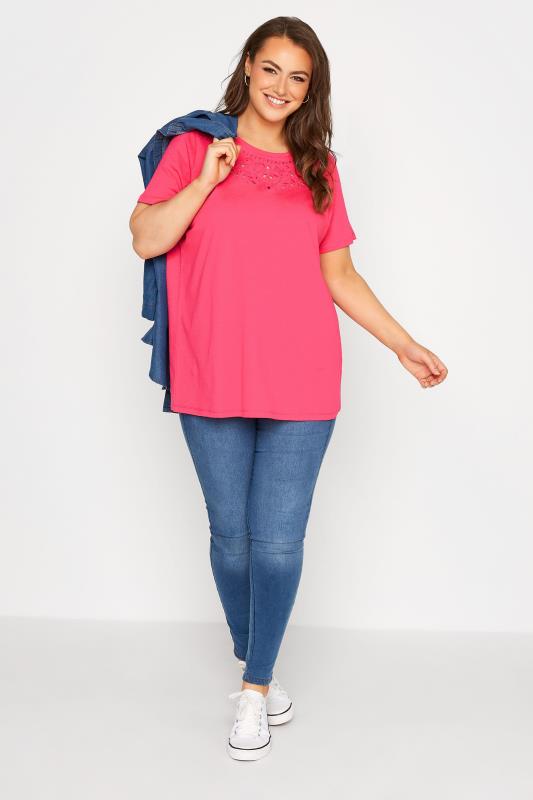 Curve Hot Pink Broderie Anglaise Neckline T-Shirt 2