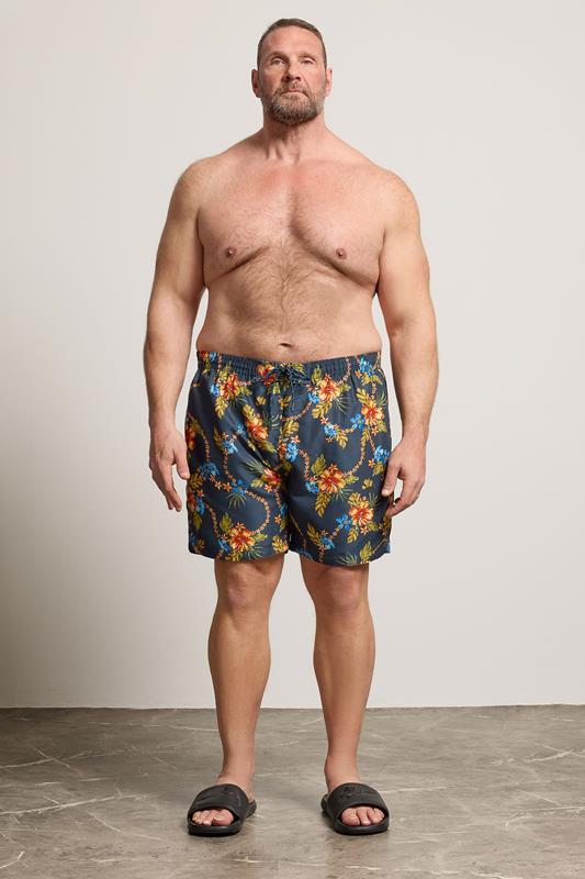 D555 Big & Tall Navy Blue Hawaiian Swim Shorts | BadRhino 1