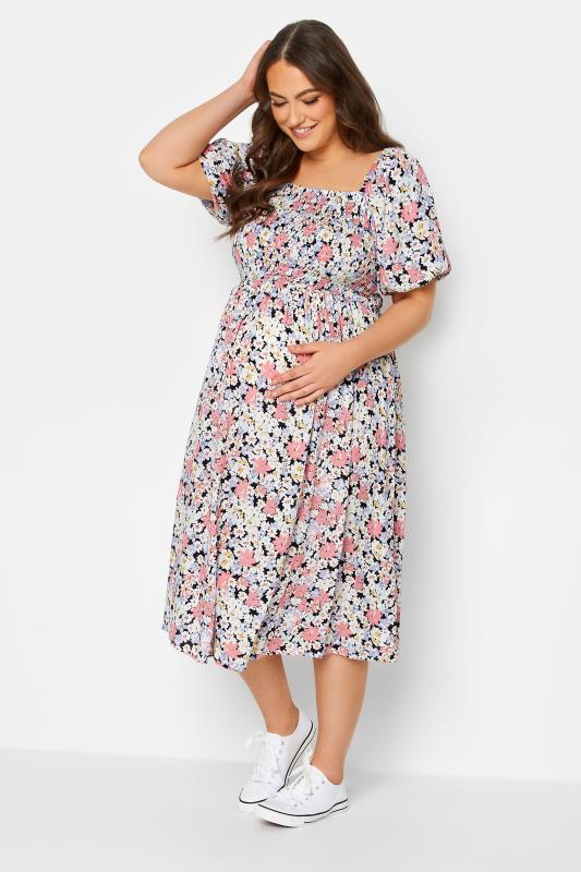 BUMP IT UP MATERNITY Curve Plus Size Pink Floral Shirred Dress | Yours Clothing  2