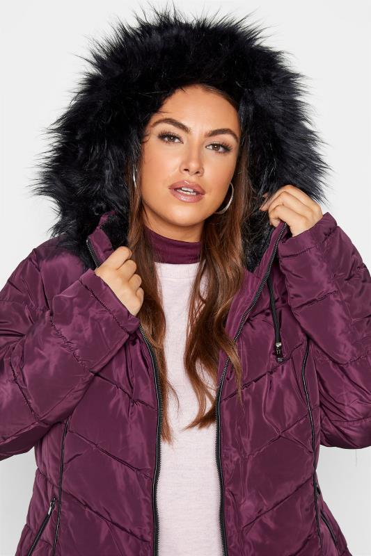 Purple Faux Fur Hood Panelled Puffer Coat_D.jpg