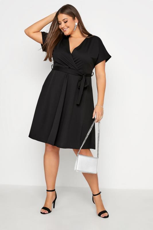 YOURS LONDON Plus Size Black Tie Waist Wrap Midi Dress | Yours Clothing 1