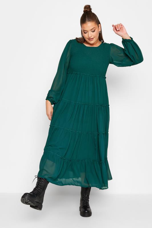 LIMITED COLLECTION Plus Size Forest Green Tiered Chiffon Dress | Yours Clothing 2