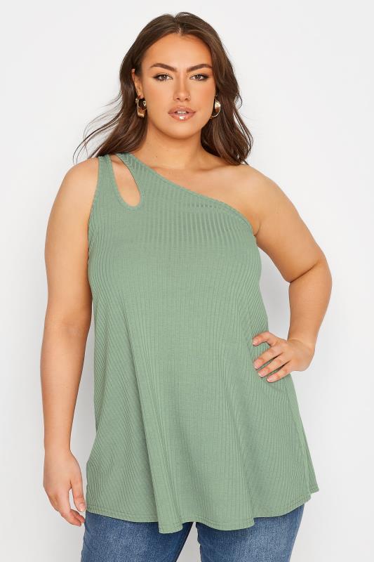 LIMITED COLLECTION Curve Sage Green Split Strap Ribbed Cami Top 1