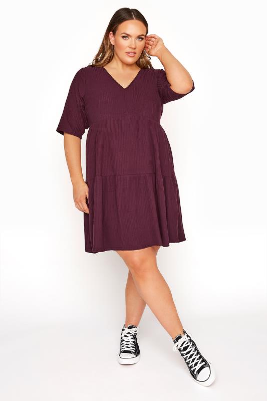 LIMITED COLLECTION Plum Ribbed Tiered Smock Dress | Yours Clothing
