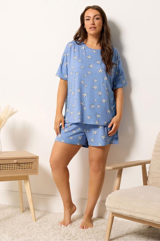 YOURS Plus Size Blue Starfish Soft Touch Pyjama Set | Yours Clothing 1