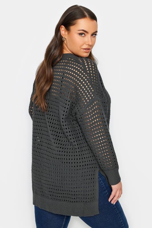 YOURS Plus Size Slate Grey Side Split Crochet Jumper | Yours Clothing 3