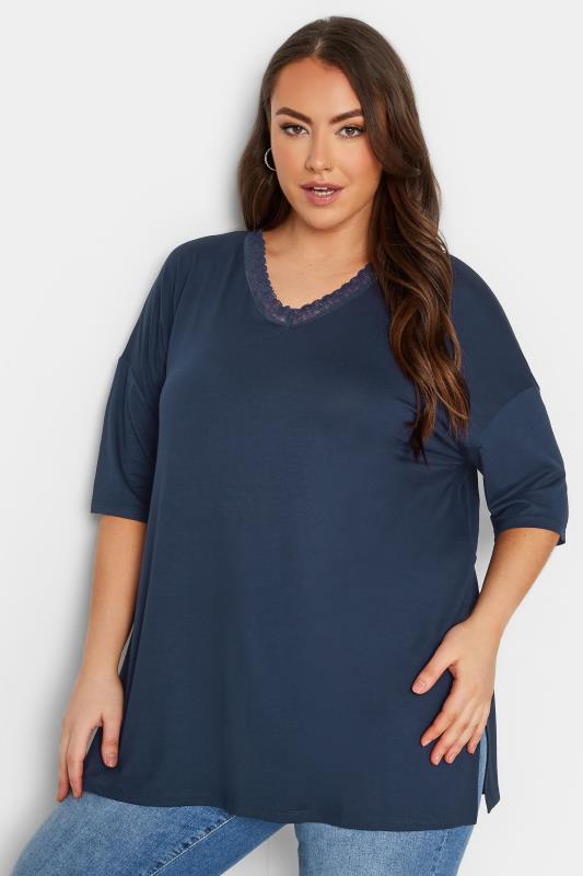 YOURS Plus Size Curve Navy Blue Lace Collar T-Shirt | Yours Clothing  4