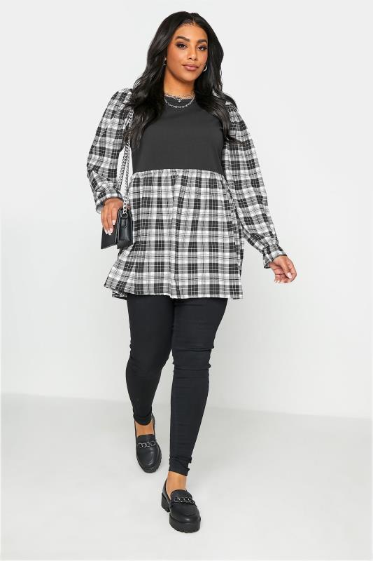 Plus Size LIMITED COLLECTION Black Check Balloon Sleeve Peplum Top | Yours Clothing 2