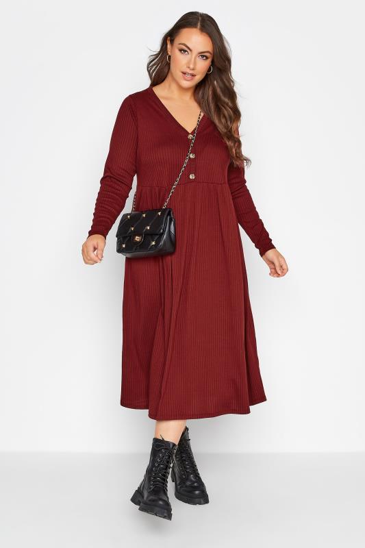 LIMITED COLLECTION Curve Wine Red Ribbed Midaxi Dress 2