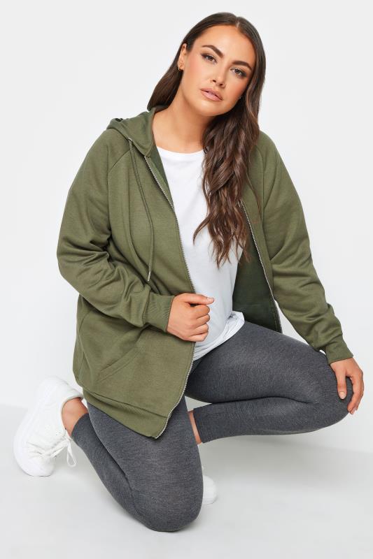 Plus Size  YOURS Curve Khaki Green Essential Zip Through Hoodie