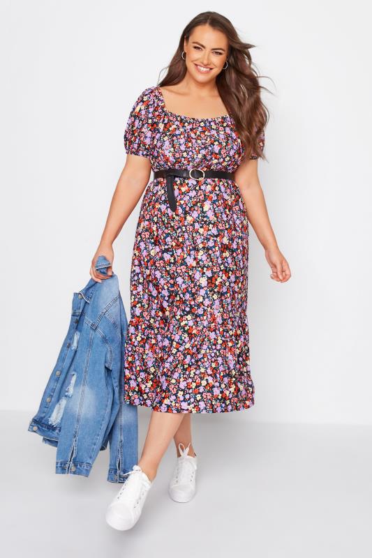 Plus Size Pink Floral Square Neck Midaxi Dress | Yours Clothing 2