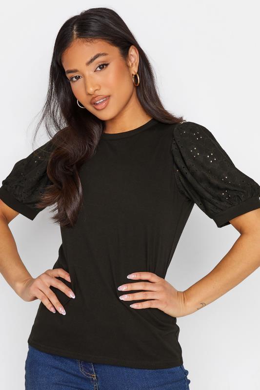 Petite Black Broderie Anglaise Puff Sleeve T-Shirt 6