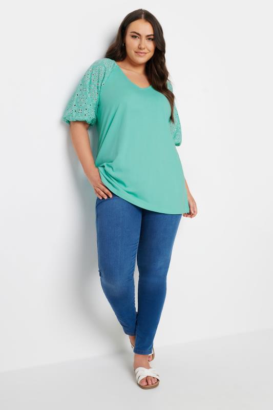 YOURS Plus Size Green Broderie Anglaise Sleeve T-Shirt | Yours Clothing 2