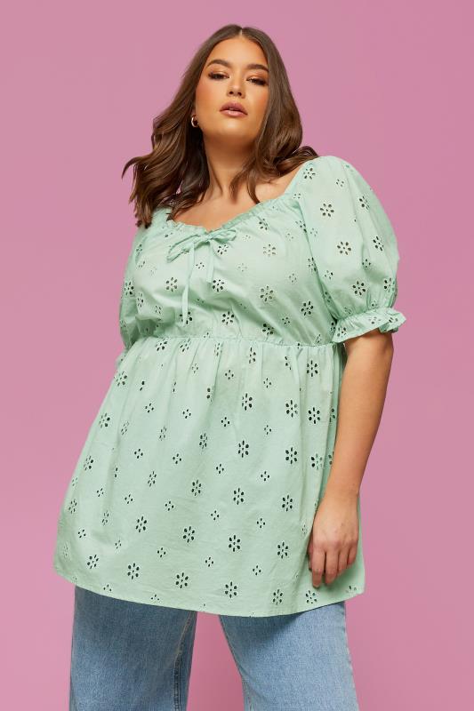 YOURS Plus Size Curve Mint Green Broderie Anglaise Peplum Top | Yours Clothing 1