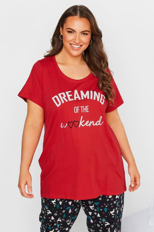 Plus Size Red 'Dreaming Of The Weekend' Slogan Pyjama Top | Yours Clothing	 1