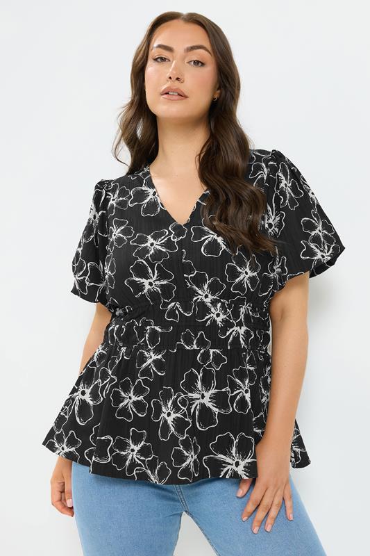 YOURS Plus Size Black Floral Print Puff Sleeve Blouse | Yours Clothing 1