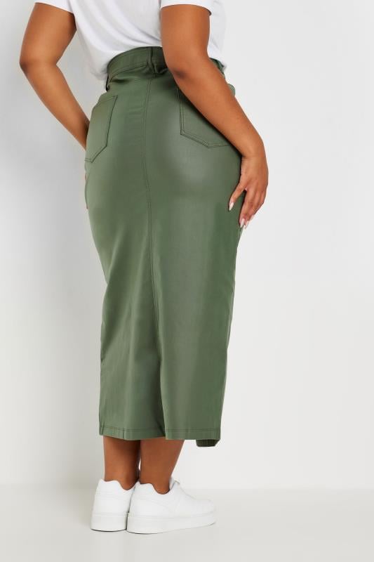 YOURS Plus Size Khaki Green Coated Split Hem Midaxi Skirt | Yours Clothing 3