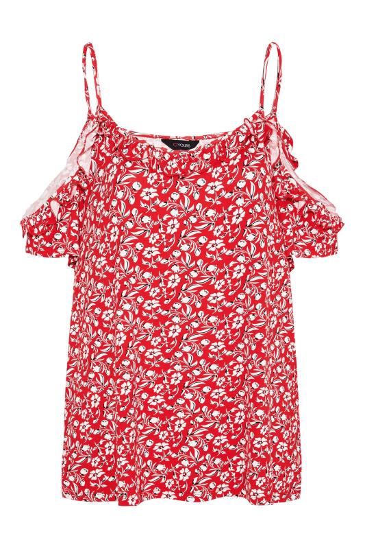 Plus Size Red Floral Print Frill Cold Shoulder Top | Yours Clothing 6