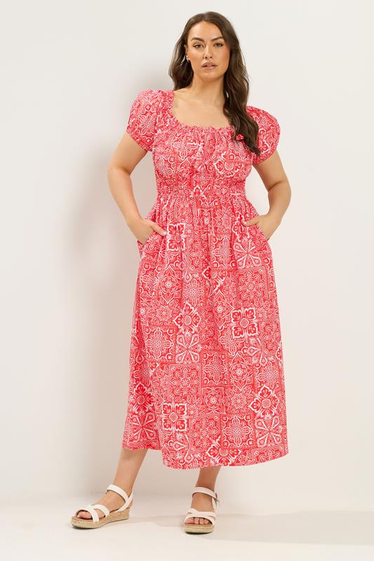 YOURS vestido Bardot de popelina roja con estampado paisley