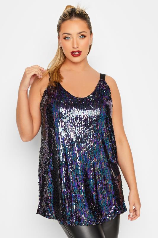 YOURS LONDON Plus Size Black Sequin Embellished Cami Top | Yours Clothing 1