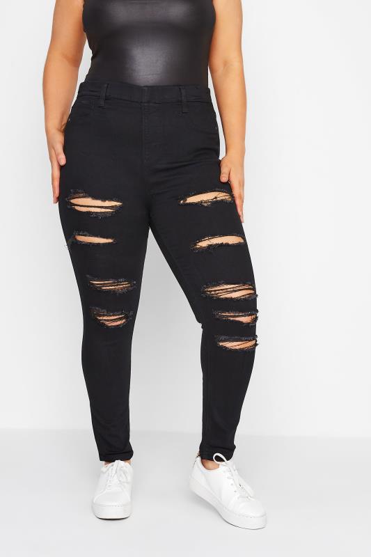 Plus Size  YOURS Curve Black Ripped Stretch GRACE Jeggings
