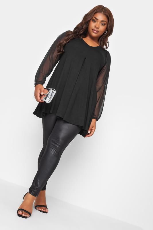 YOURS Plus Size Black Mesh Sleeve Pleated Swing Top | Yours Clothing 3