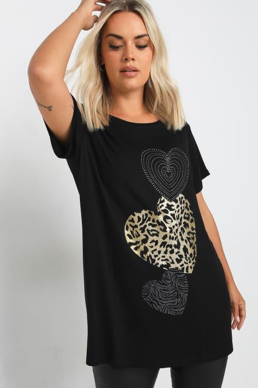  YOURS Curve Black Glitter Heart Print T-Shirt