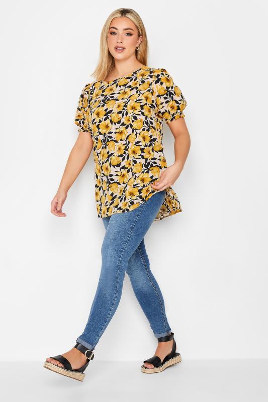 YOURS Curve Plus Size Yellow Floral Short Sleeve Blouse | Yours Clothing  2