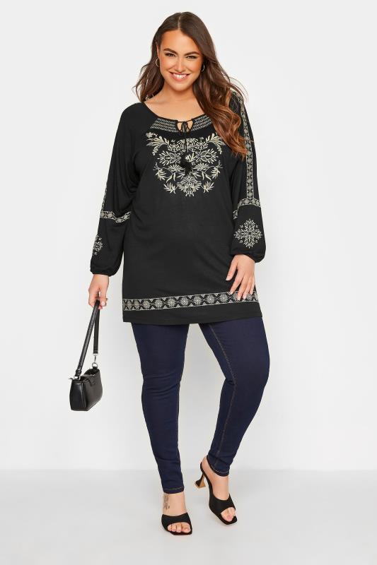 Curve Black Aztec Embroidered Tie Neck Long Sleeve Top_B.jpg