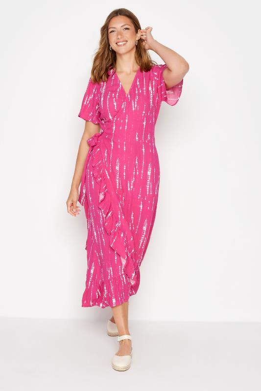 LTS Tall Pink Tie Dye Ruffle Wrap Maxi Dress 1