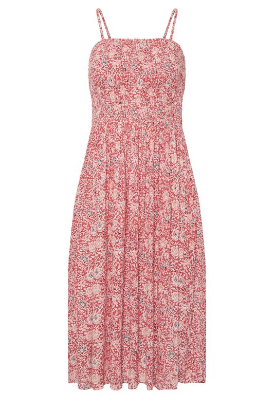 PixieGirl Petite Women's Red Floral Shirred Linen Midi Dress | PixieGirl 5