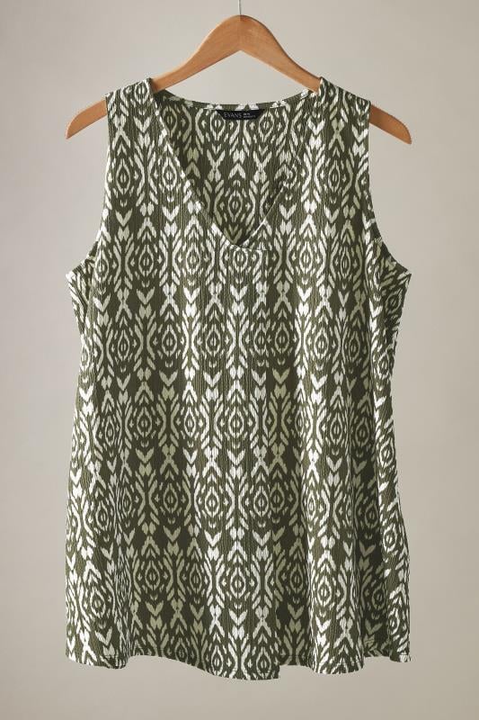 EVANS Plus Size Olive Green Ikat Print Crinkle Vest Top | Evans 5