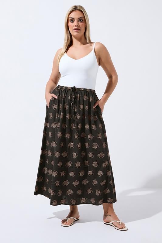 LIMITED COLLECTION Plus Size Dark Brown Sun Print Linen Maxi Skirt | Yours Clothing 1